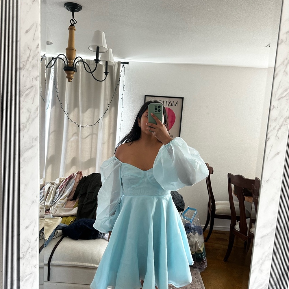 Selkie Light Blue Puff-Sleeve Fit & Flare Dress